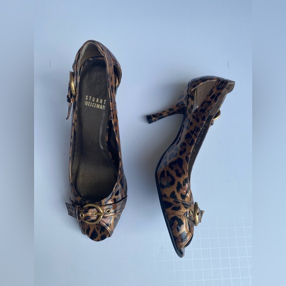 Stuart Weitzman Shoes - Stuart Weitzman Leopard Print Peep Toe Heels Women’s size 7N Patent Leather